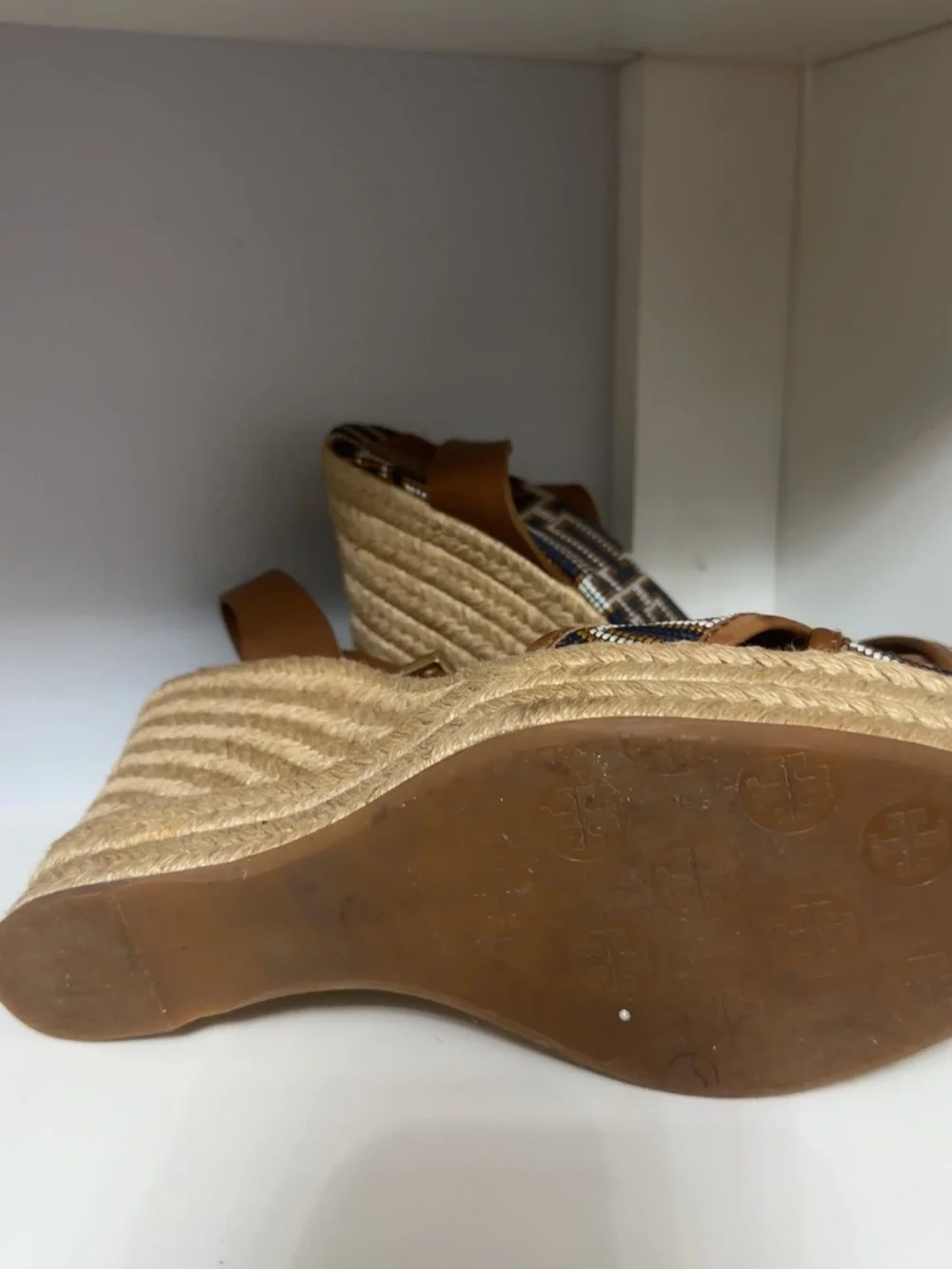 Tory Burch Tan and Navy Beaded Espadrille Wedge Sandals